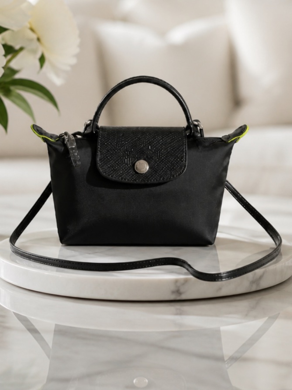 NWOT Longchamp Le Pliage  Mini Top-Handle Crossbody Black/Silver Hardware